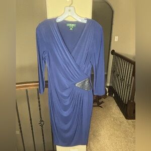 Lauren Ralph Lauren Stretchy Blue Dress with Faux Leather Accent